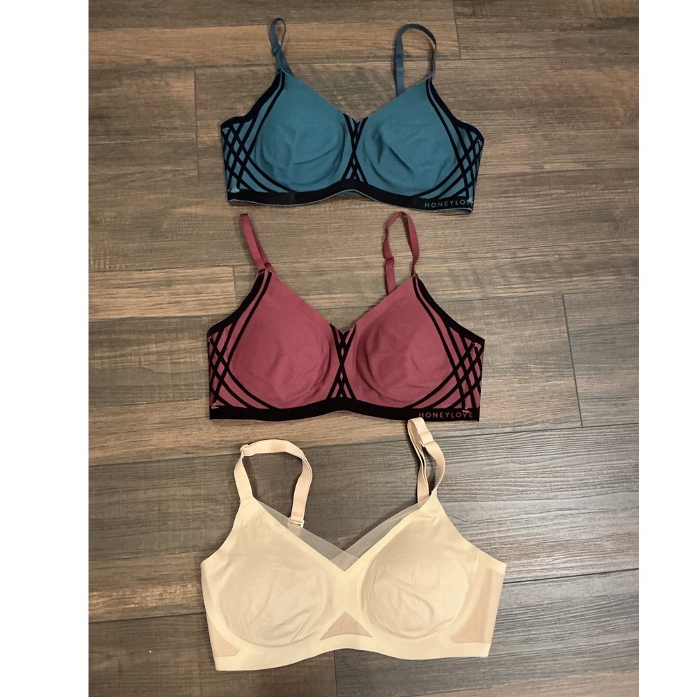 Honeylove Wireless Lift Bra Set Teal Burgundy Sand Seamless Supportive Size S